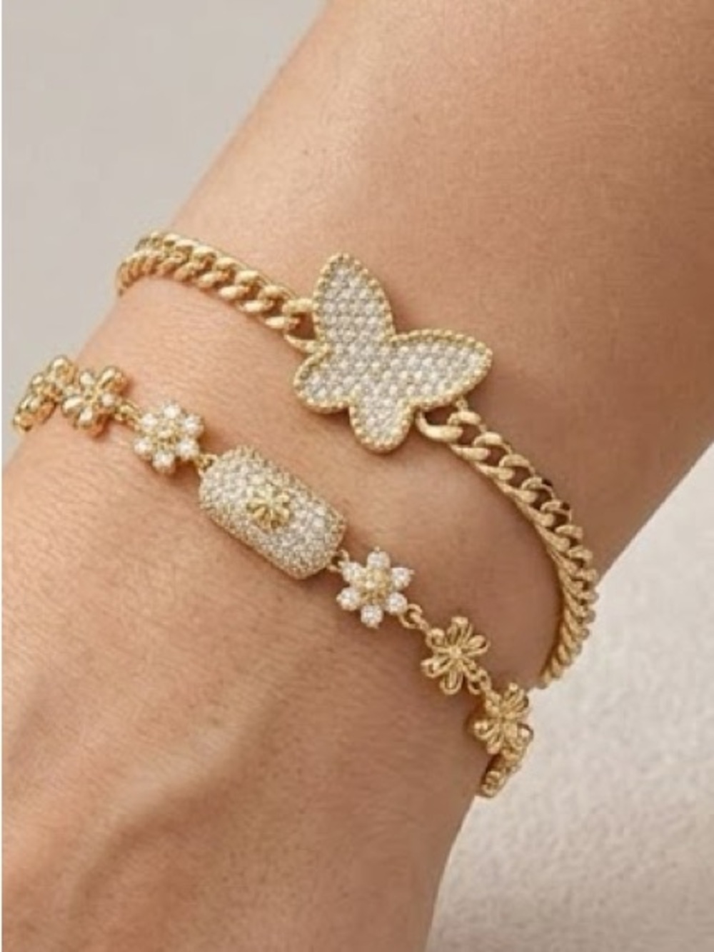 New 14k Gold filled iced Butterfly & Floral Crystal Bracelet Set Retail $135